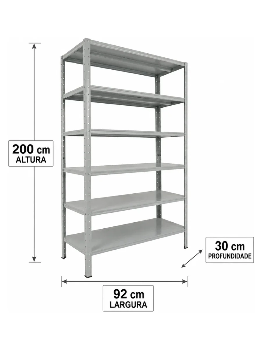Desenho com as medidas da estante de aço: 200 cm de altura, 92 cm de largura e 30 cm de profundidade, com seis prateleiras