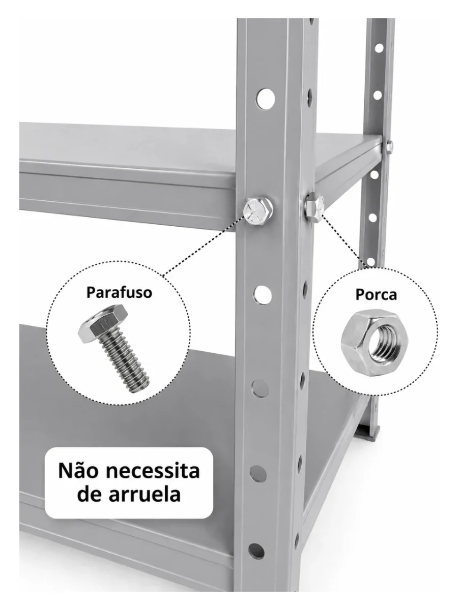 Detalhe ampliado do parafuso e da porca da estante de aço, com a indicação de que não necessita de arruela