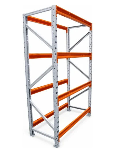 Estrutura de mini porta palete com três níveis de longarinas, montada sem bandejas